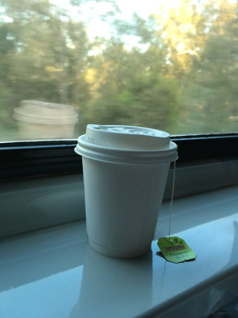 Peppermint tea on a train window-sill